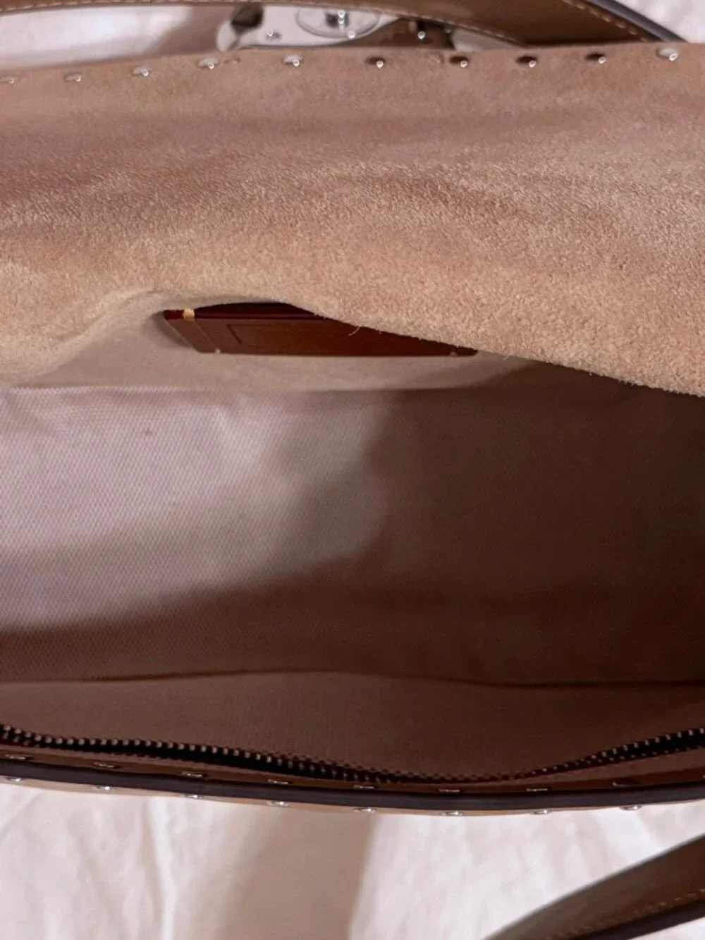 Coach Soft Tabby Shoulder Bag Crossbody Suede Peanut - Complete Both Straps